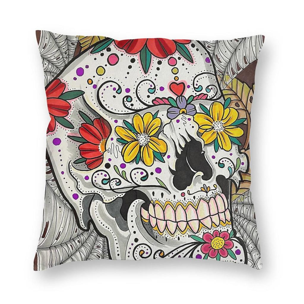 Autumn Sugar Skull Square Pillowcase Polyester Linen Velvet Creative Zip Decor Bed Cushion Cover