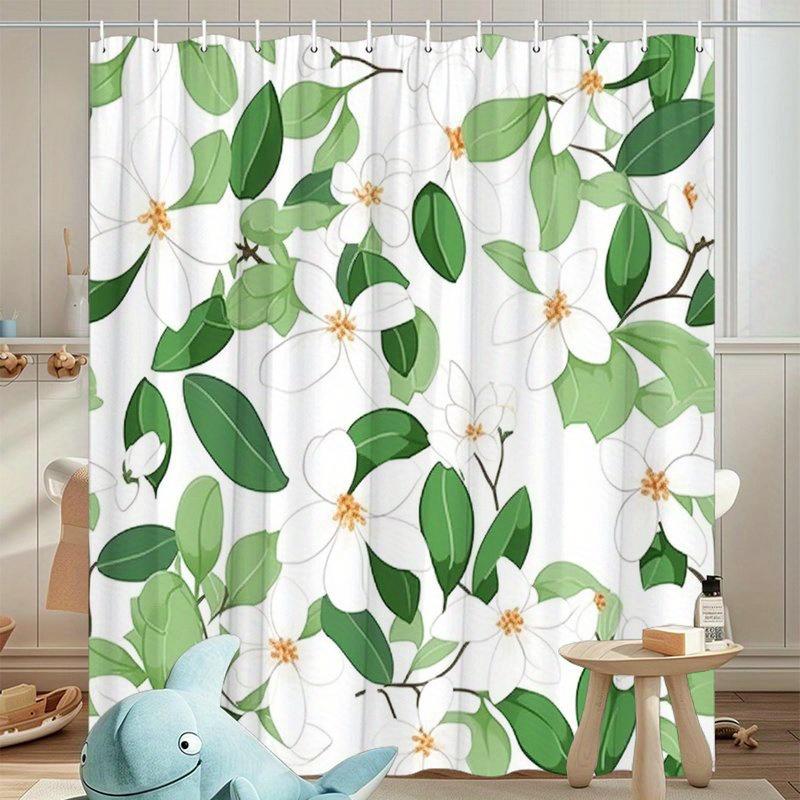 1Pc Modern White And Green Floral Shower Curtain - Polyester Fabric, Machine Washable, With Hooks, Suitable For Bathroom
