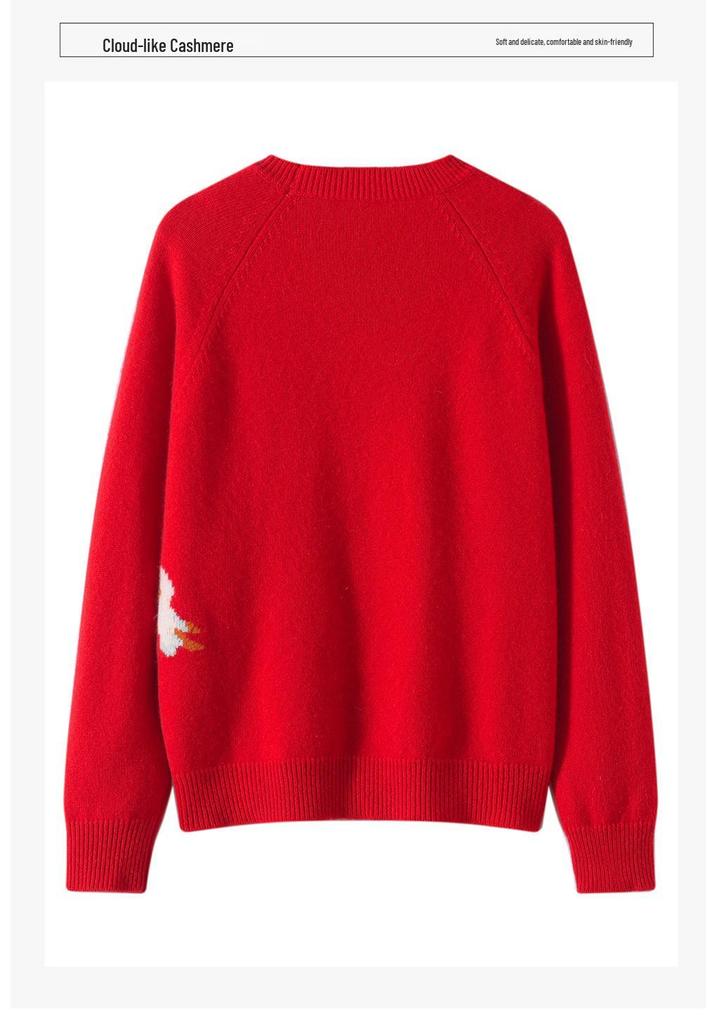 Lekasha Women's Red Cashmere Pullover with 3D Horse Decoration