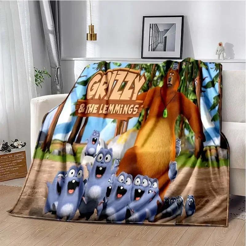Cute Cartoon Anime Grizzly & The Lemmings Throws Blanket for Beding Hiking Picnic Super Soft Funny Flannel Blanket Birthday Gift
