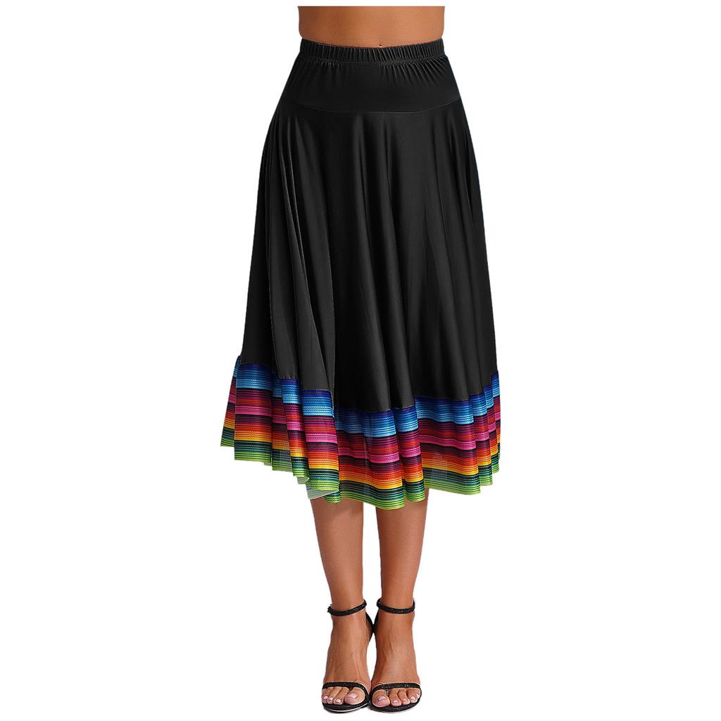 Womens Flamenco Dance Skirt Colorful Stripe Hem Elastic Waistband Folk Dancing Stage Performance Costume