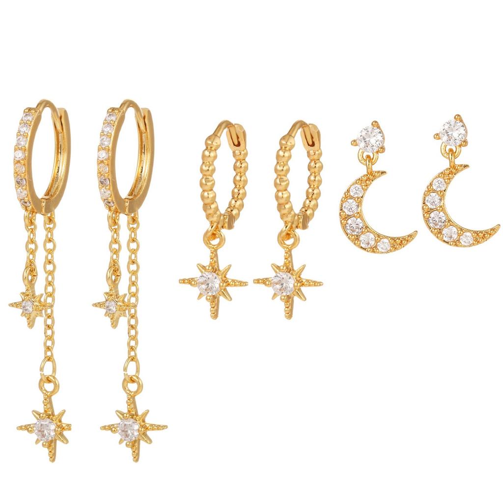 6PCS Fashion Cubic Zirconia Chain Star Moon Hoop Earring Set for Women Stainless Steel Pendant Cartilage Piercing Jewelry