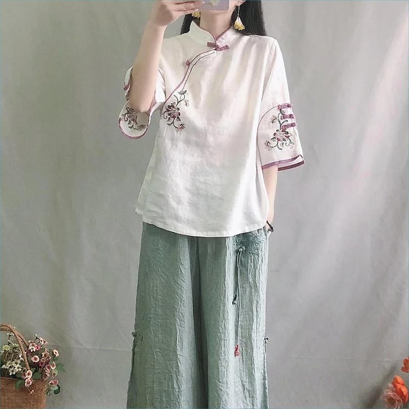 Spring Summer Retro Seven Quarter Ladies' Cotton Linen Shirt Blouse Chinese Traditional Women's Formal Top Ttang Costume Hanfu