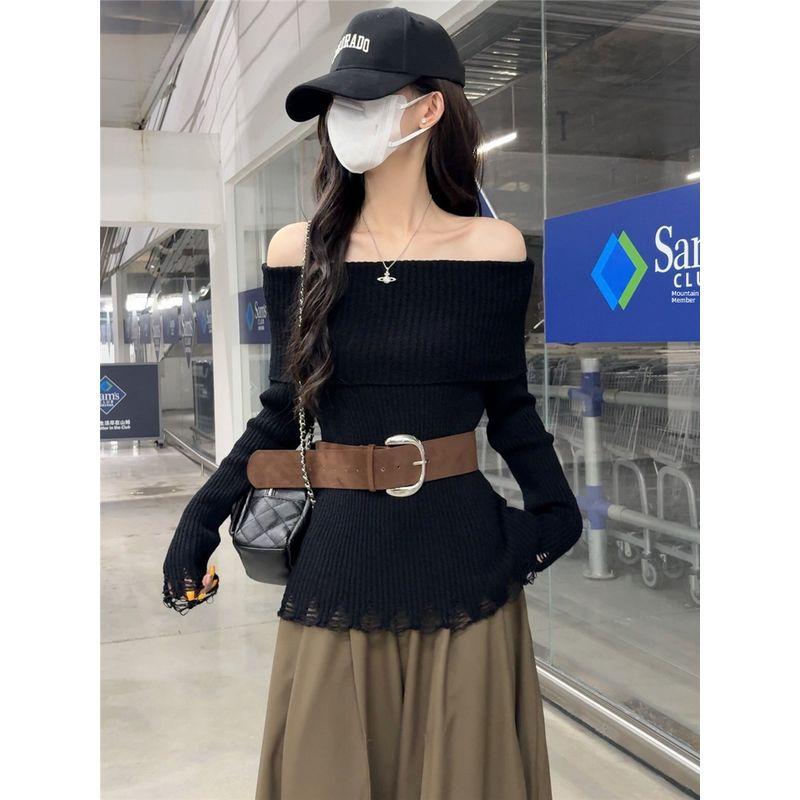 Kumikumi Design Sense Solid Temperament off-Shoulder Long sleeve Knit Women Autumn Waist Hugging Slimming Versatile Top
