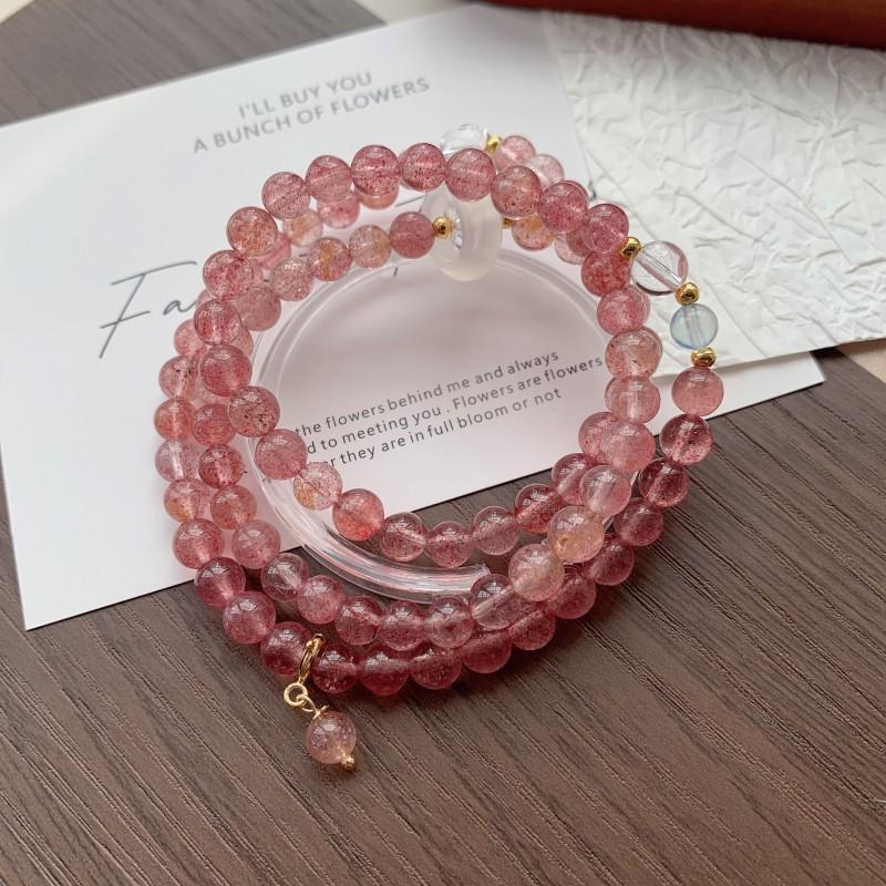 Natural Strawberry Quartz Multi-Layer Beaded Bracelet Women Fresh Sweet Style 3-Row 5-6mm Crystal Jewelry Gift