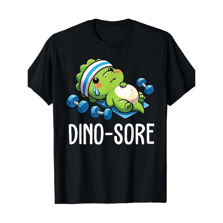 Men S Fashion Fun Fitness Dinosaur Weightlifting Pattern Print T-shirt, Crew Neck Jumper, Summer Casual Short-sleeved T-shirt. S чёрный