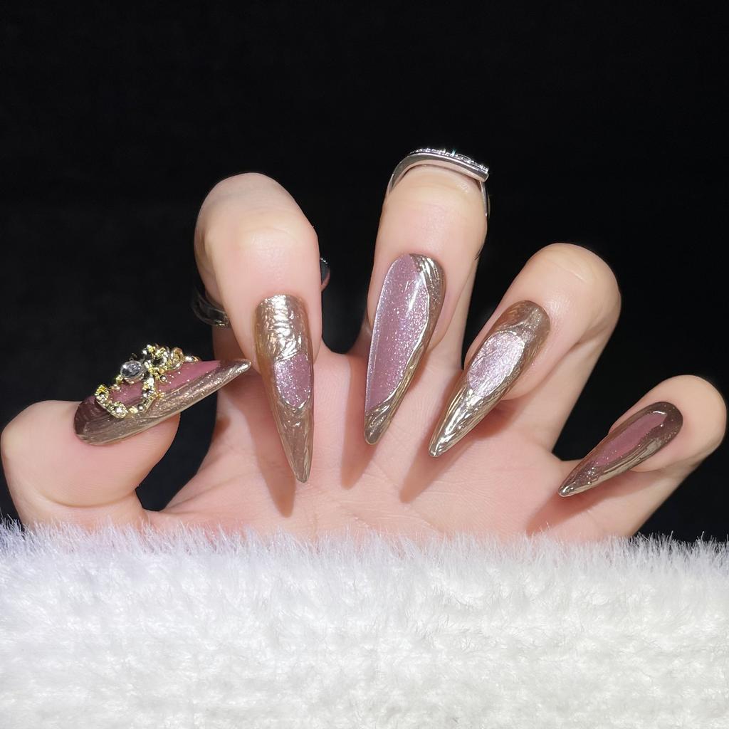 Handmade Long Stiletto Press On Nails Reusable Butterfly Diamond Decor Full Cover Artificial False Nails