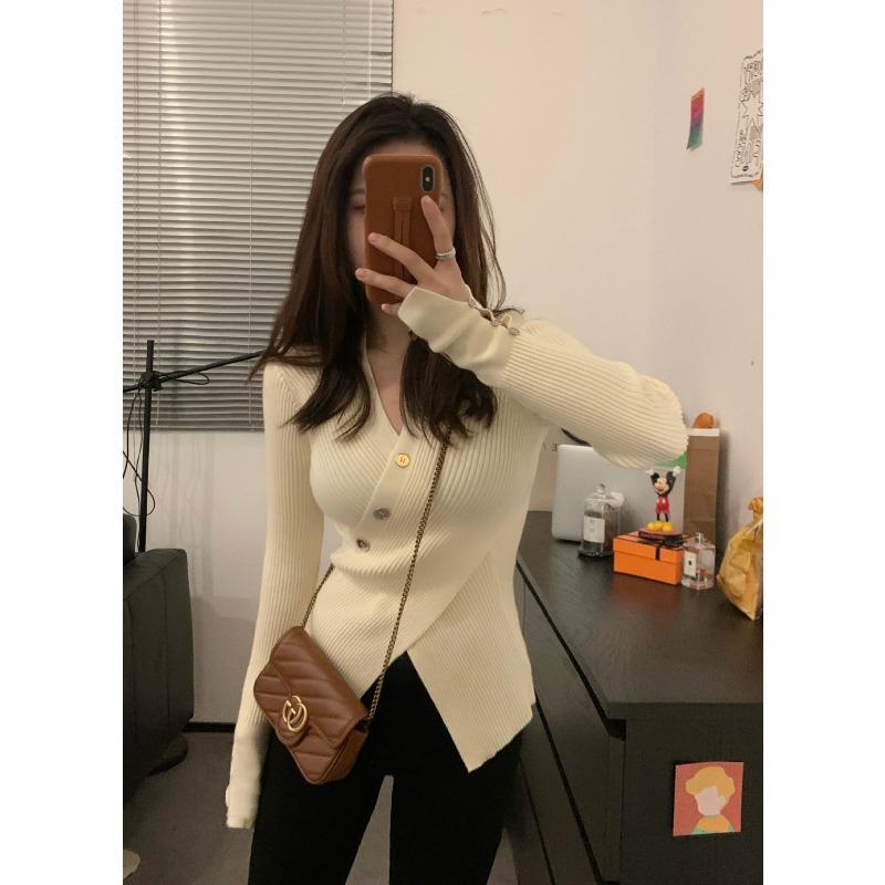 Irregular pure desire and thin, collar sweater crossed A waist slim split fork pullover knitted long-sleeved inner top