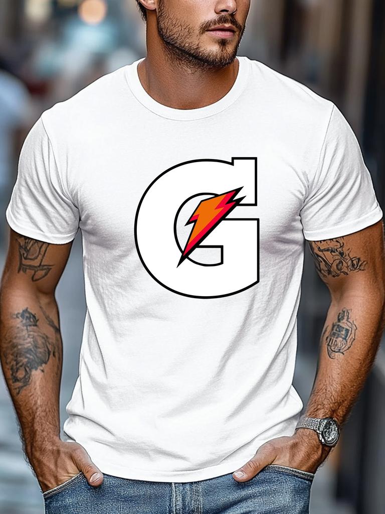 Mens Summer Sport TShirt Letter G Lightning Print Short Sleeve Round Neck Breathable Oversized Dynamic Daily Wear