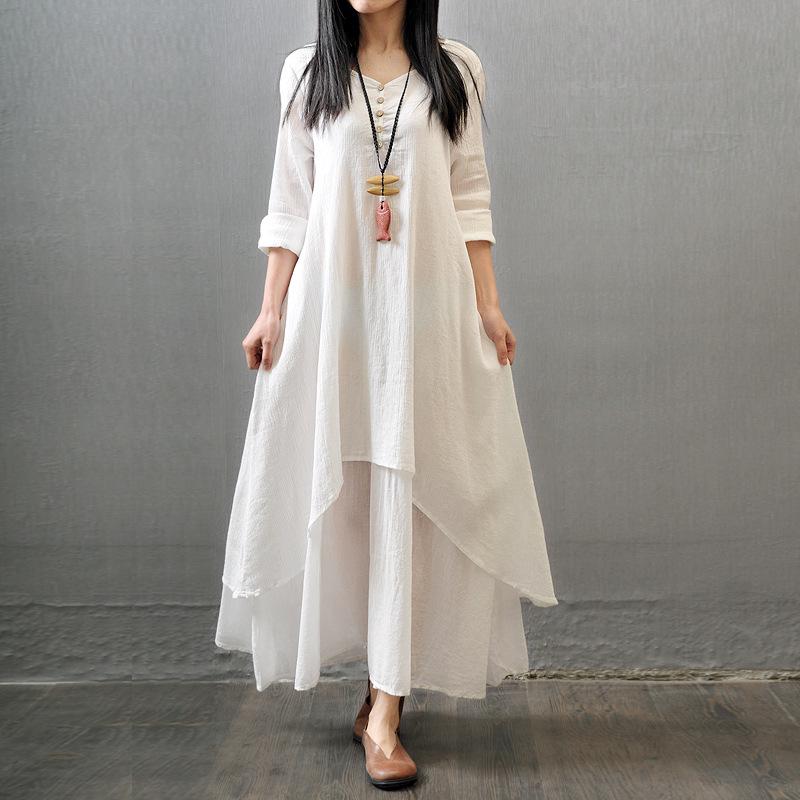 2024 Spring/Autumn Faux Two-Piece Long Sleeve Cotton Linen Dress with Large Hem