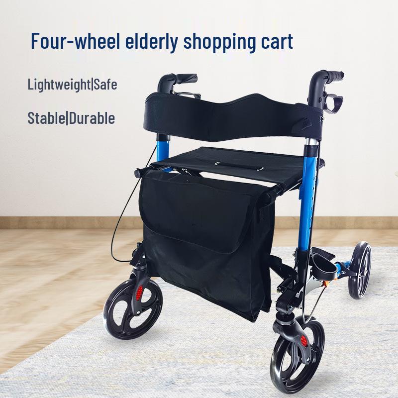 Senior Four-Wheel Walker with Brakes, Cushion, and Storage Bag for Outdoor Use