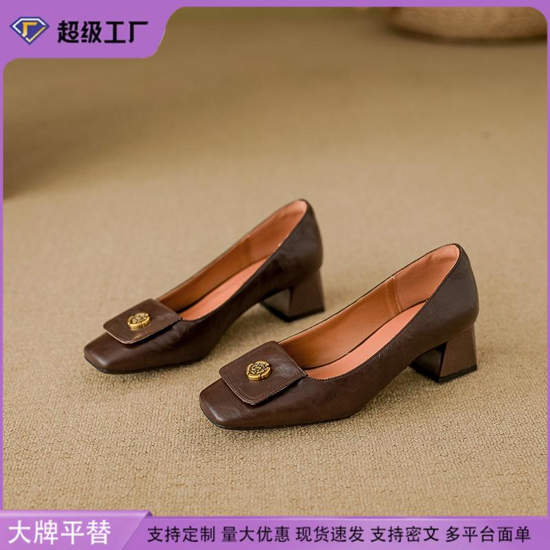 Sheepskin version~ Comfortable high heels for women's outer wear, high-end thick-heeled single shoes, 2025 spring new camellia shoes