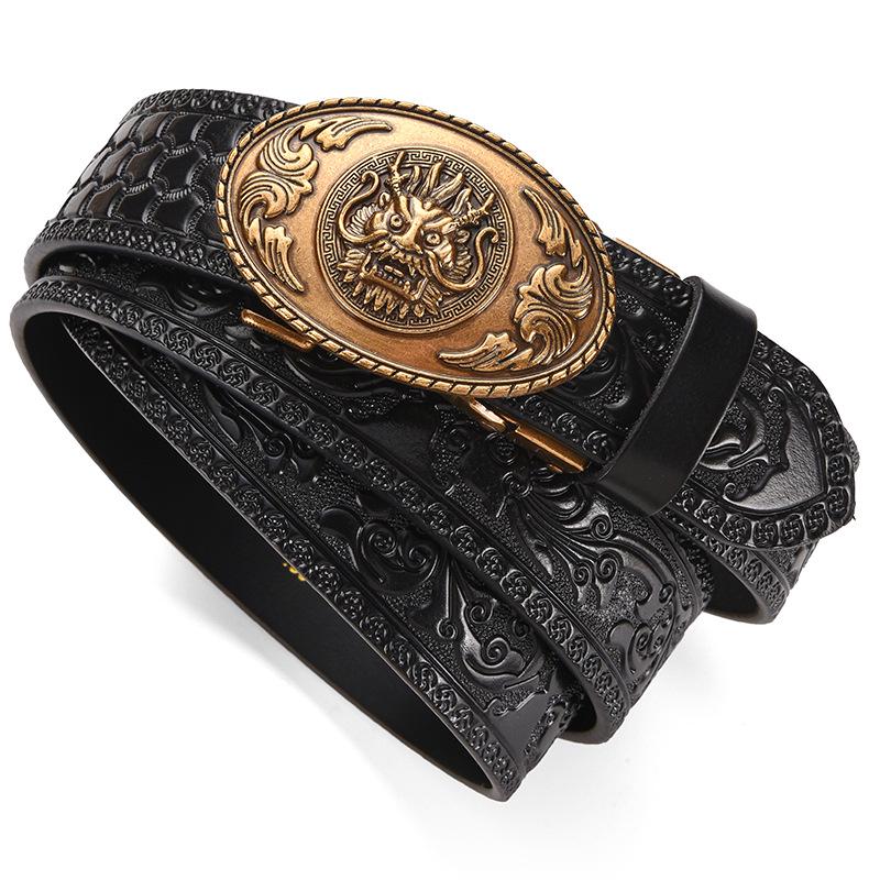 Men's Retro Dragon Head Genuine Leather Belt with Carved Embossed Design