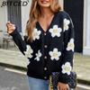 Women's 3D Floral V-Neck Knit Cardigan Autumn/Winter Casual Relaxed-Fit Sweater Jacket