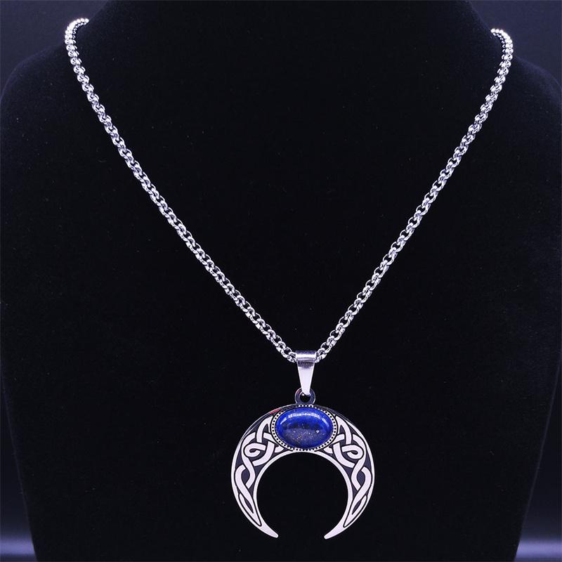 Vintage Crescent Moon Knot Pendant Necklaces for Women Stainless Steel Blue Stone Silver Color Punk Chain Jewelry Collier N7941