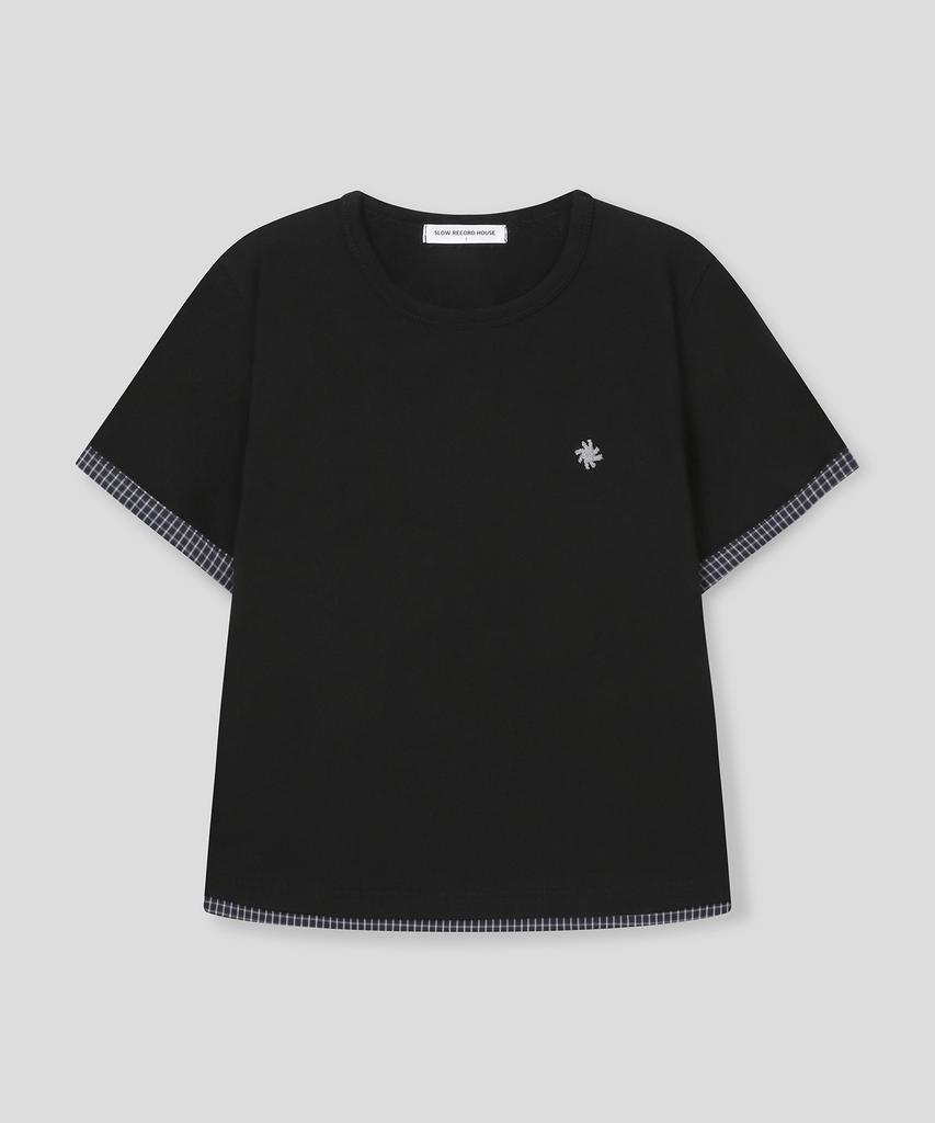SLOW RECORD HOUSE Layered Check Roll-Up T-Shirt_Black