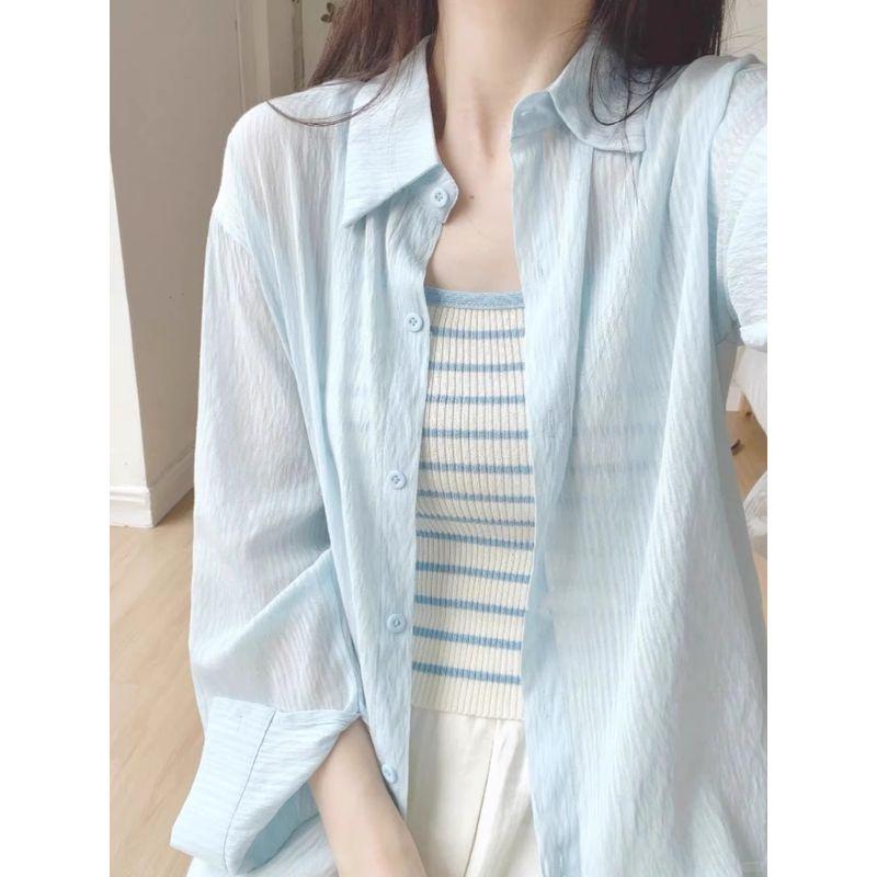 

Синяя, Тонкая Тенсел Защита от Солнца Рубашка с Длинными Рукавами Женская Летняя Одежда Новое Поступление Свободный и Небрежный Стиль Рубашка Повседневное Пальто Топ Blue S Suggested 37.50 kg-45.00 kg