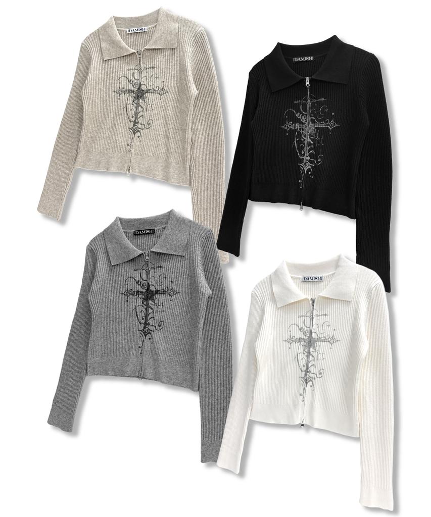Damiswi Cross Print Ribbed Knit Zip-Up_Gray