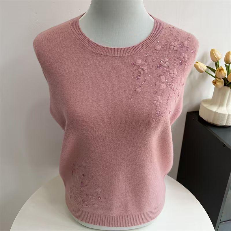 

Женский шерстяной свитер большого размера, свободного кроя, вязаный пуловер с вышивкой стразами, однотонный, мягкий вязаный топ 4XL розовый