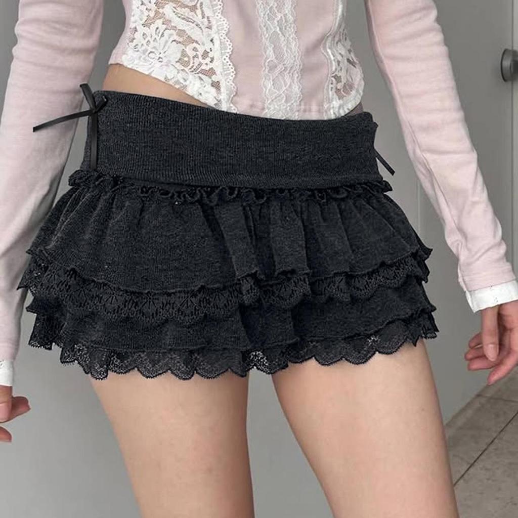 New Arrival: European & American Spicy Girl Low Waist Gray Mini Skirt with Bow & Lace Trim