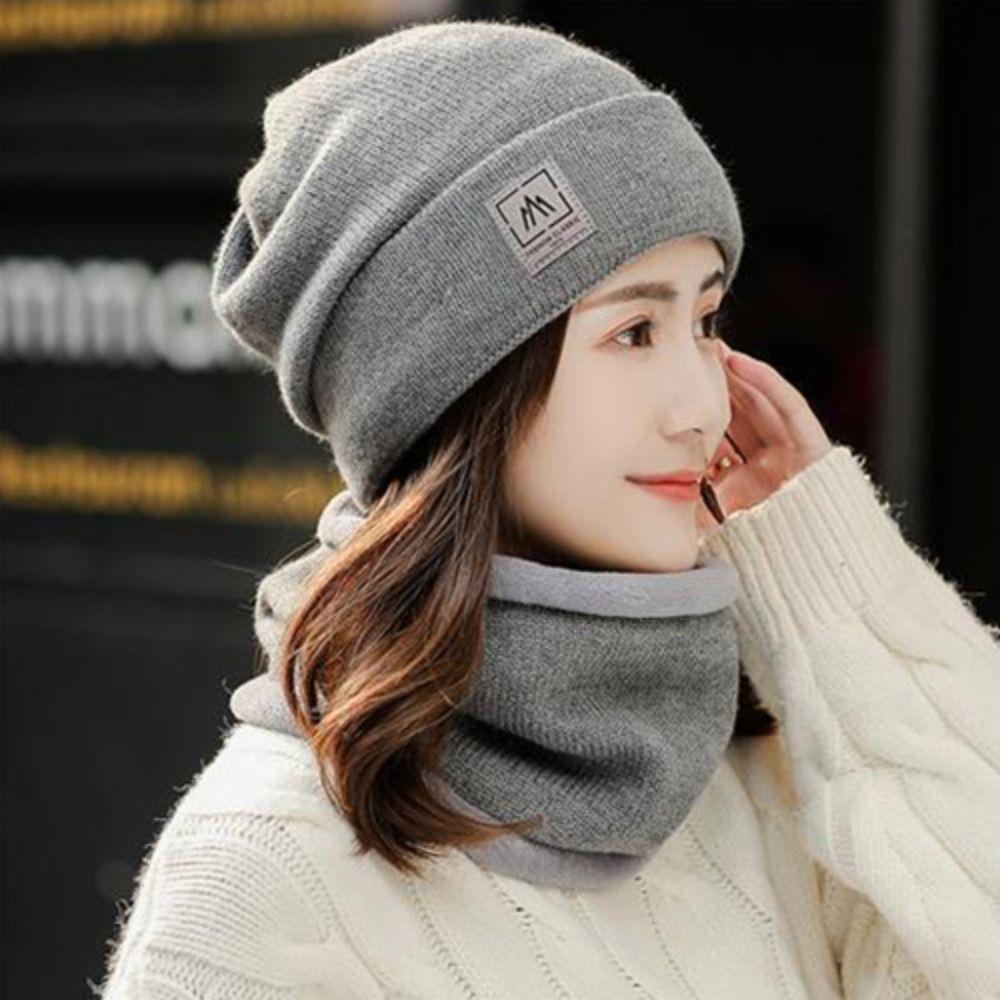 Thicken Plus Velvet Scarf Warm Knit Hat Cold-proof Neck Cover Solid Color Beanies Caps  Mens Womens