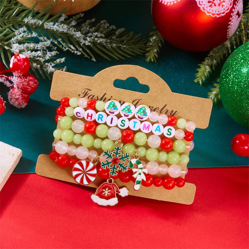 Christmas Multi-Layer Colorful Beaded Bracelet For Women Santa Claus Snowman Reindeer Snowflake Polymer Clay Bangle Jewelry