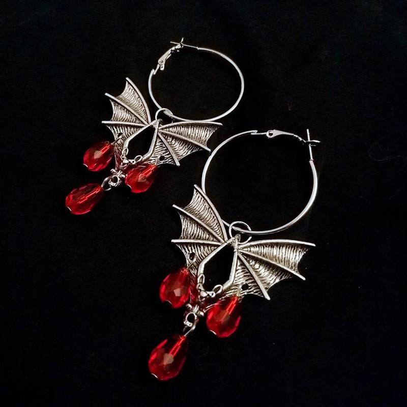 Gothic Red Vampire Bat Crystal Blood Drop Earrings