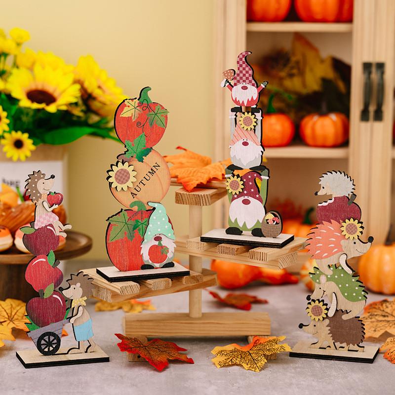 Wooden Thanksgiving Whimsical Decorations Featuring Cute Gnome Hedgehog And Charming Apple Pumpkin Designs