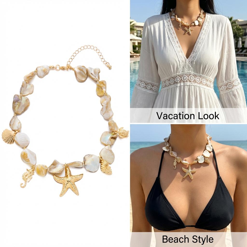 Bohemia Irregular Shell Beaded Necklace for Women Starfish Conch Pearl Pendant Metal Chain Choker Summer Beach Vacation Jewelry