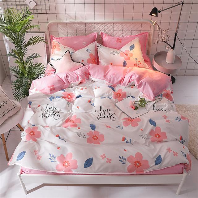 57 3/4pcs Pinkheart Bedding Set Super King Size Bed Linens Reactive Printing Duvet Cover Set Brief Style Home Bed Set Flat Sheet