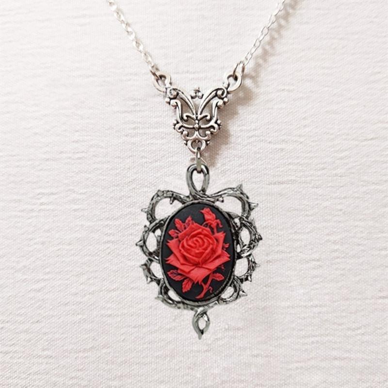 Gothic Red Rose Cameo Choker Necklace Halloween Cosplay Jewelry Adjustable Pendant Necklace Victorian Necklace Jewelry
