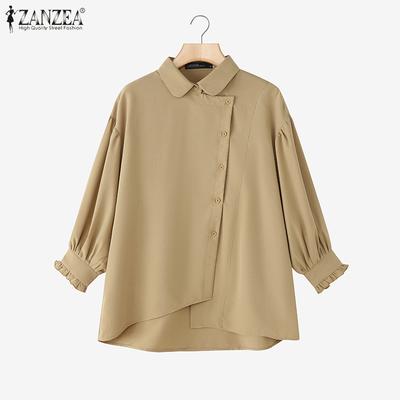 Women Turn Down Collar Loose Long Sleeve Solid Blouse