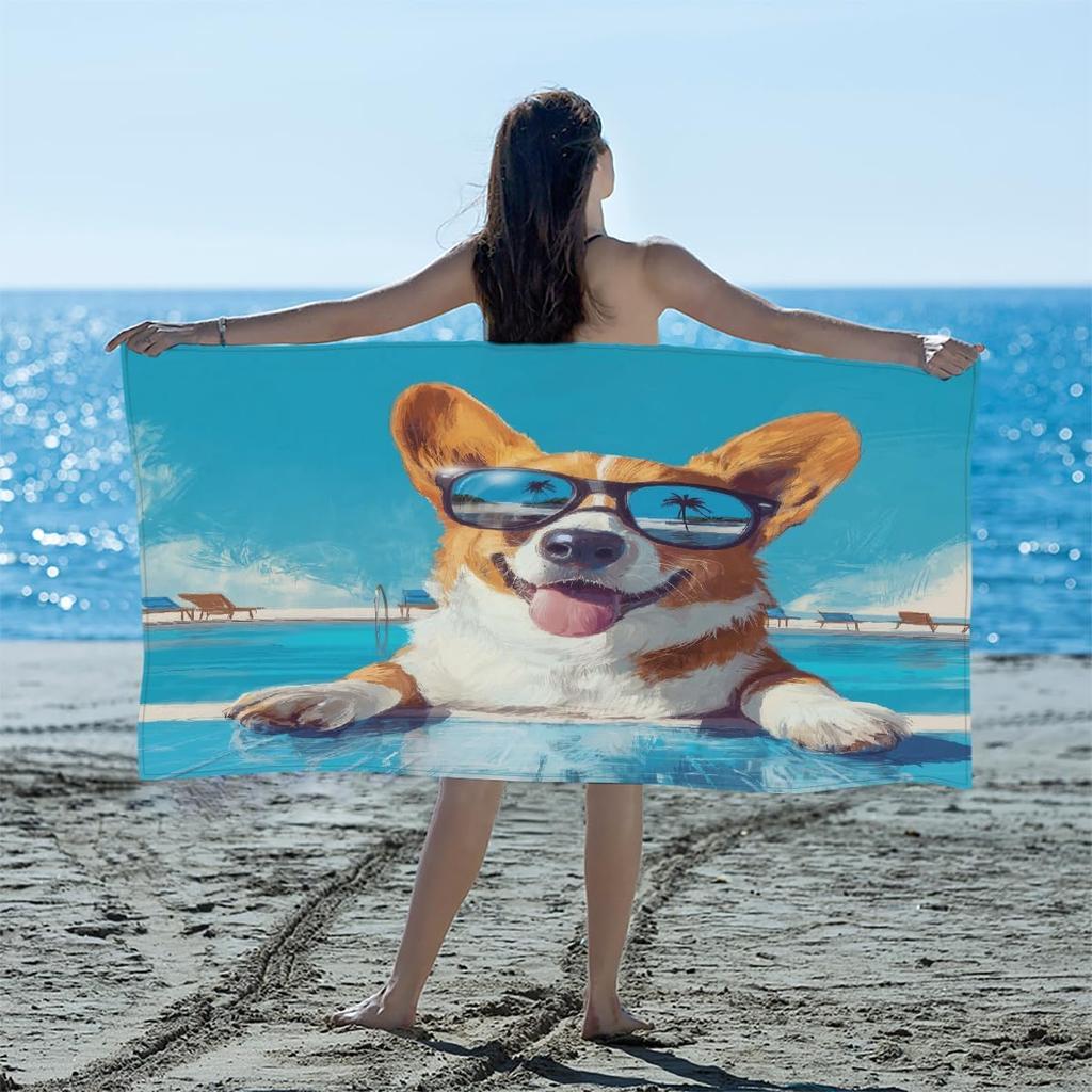 Cats Corgis Dogs Beach Sunglasses Beach Towel, Cute Pets Oversized Quick Dry, Sand Free Lightweight Travel Pool Mat