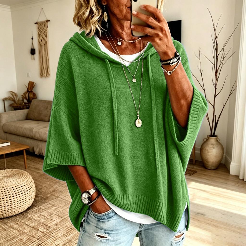 Maglione da Donna Colorato con Cappuccio e Coulisse, Maniche a Tre Quarti, Vestibilità Larga, Top Casual
