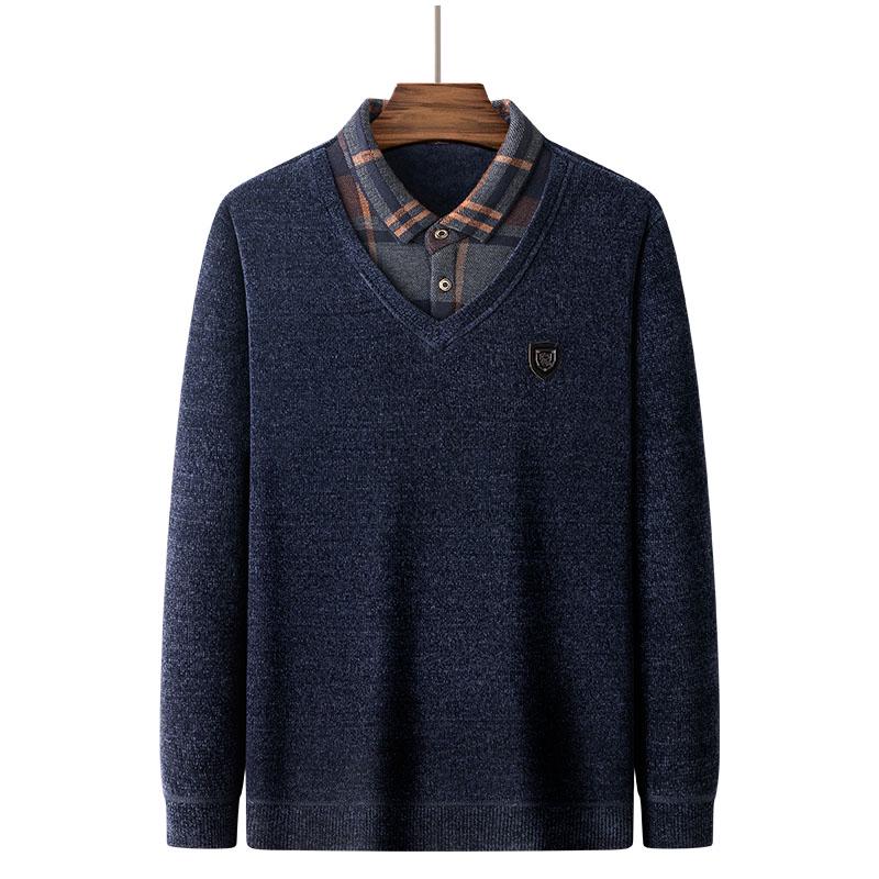 Dad's Winter Warm Chenille Knitwear: Men's Fleece-Lined Two-Piece Sweater with Thick Shirt Collar for Autumn/Winter.