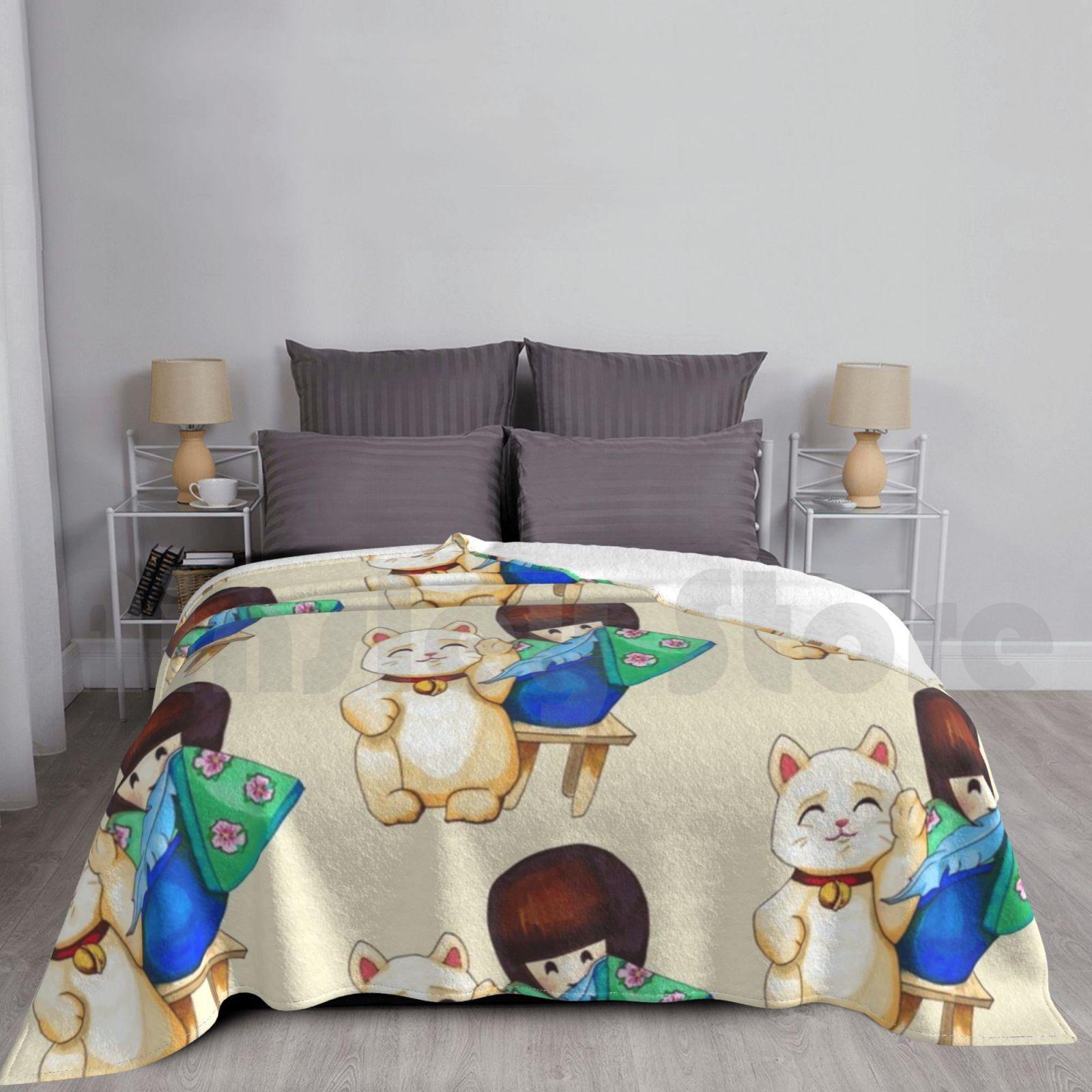 Blanket Kokeshi Tickling Maneki Neko Funny And Cute Design 1328 Kokeshi Doll Maneki Neko Neko Size: 75*100cm, Weight: 230 GSM