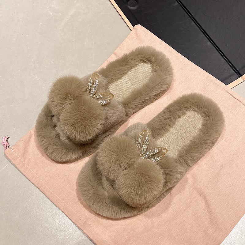 

Rabbit ears fluffy slippers women wear ins tide 2025 autumn and winter new Internet celebrity thick bottom cotton mop home one-word mop 40