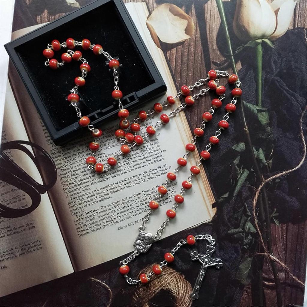 Vintage Ceramic Beads Rosary Necklace Jesus Christ Crucifix for Cross Necklaces for Women Jewelry Charm Prayer Gifts