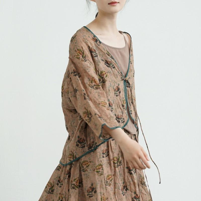 Johnature Women Vintage Shirts Tops V-Neck Nine Sleeve Blouses Summer Chinese Style Single Button Shirts