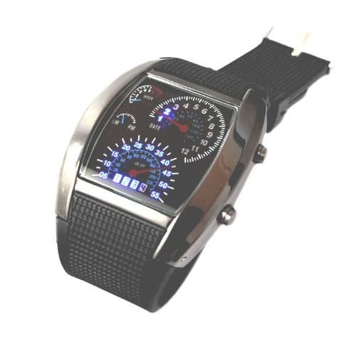 Herren Tachometer LED Design Uhr in Schwarz mit blauer LED