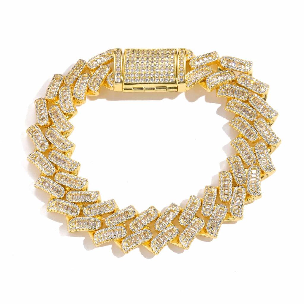 Fashion Hip Hop Jewelry 16mm Wide Iced Out Round and Baguette Zircon Strips Miami Cuban Link Chain Bracelet for Men