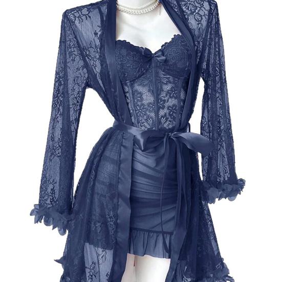 Women's 2 Piece Mesh Pajamas Set, Lace Cami Nightgown with Kimono Robe Nightwear Set, Babydoll Chemise Sheer Sleepwear