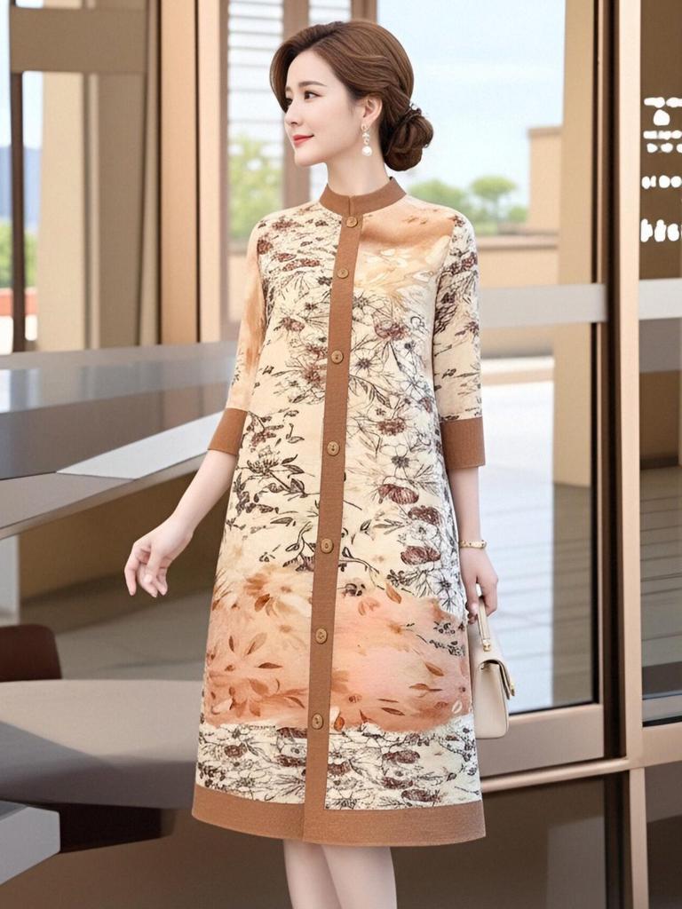 Elegant Spring Pleated Floral Dress for Mature Women