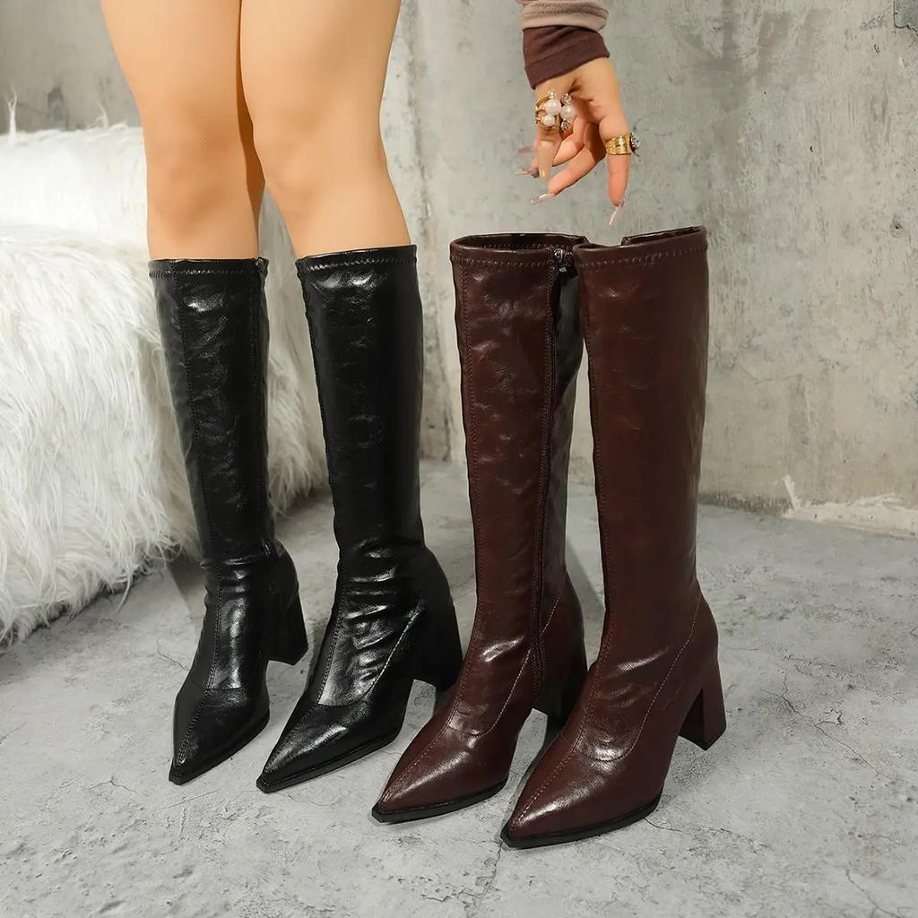 Fashion Leather Zipper Elegant Heeled Ladies Knee High Shaft Shoes Work Comfortable Boot Sale New Rock Fashion 2025 Women's Long Boots