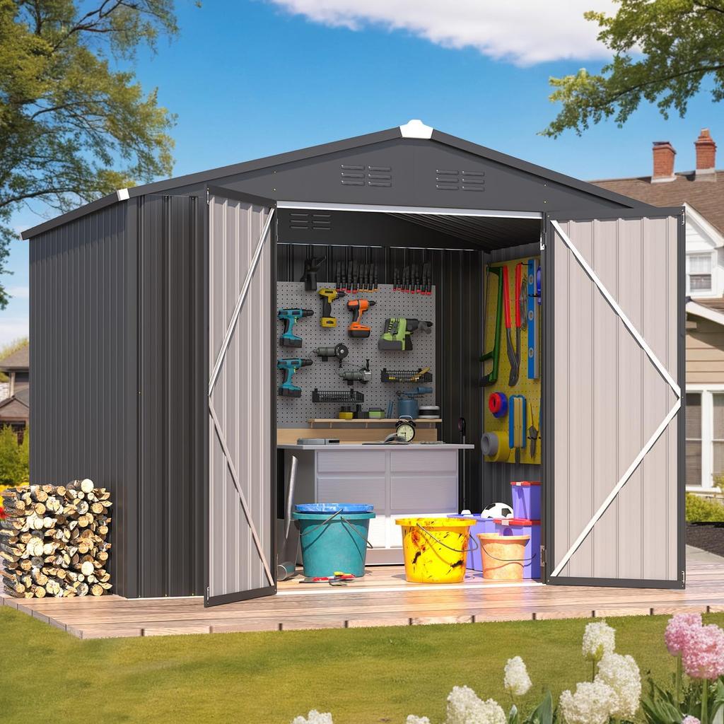 YODOLLA 6x8FT Outdoor Storage Shed, Bike Tool Garden Metal Sheds Dark Grey