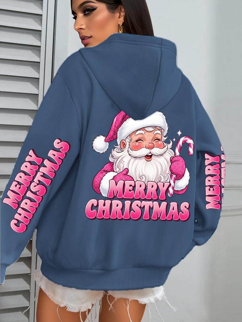 Merry Christmas Pink Santa Claus Printed Hoodies Women Pocket Fleece Hoodie Autumn Multicolor Sportswear Hip Hop Loose Clothes