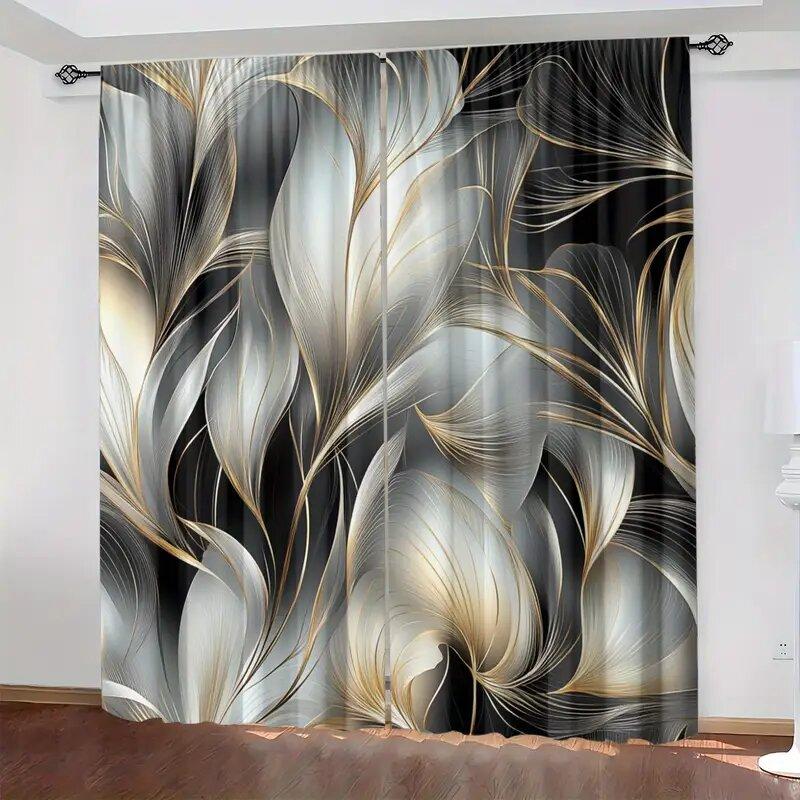 2 Pcs Black and White Maple Leaves Print Curtains  Suitable for Bedroom  Living Room Kitchen Decor  Home Decoration  Window Decor