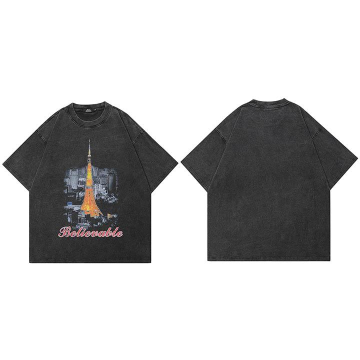 

Hip Hop Retro Vintage Washed Black TShirt Streetwear Tokyo Tower Graphic T Shirt Cotton Men Tshirt Unisex Tops Tee Hipster S