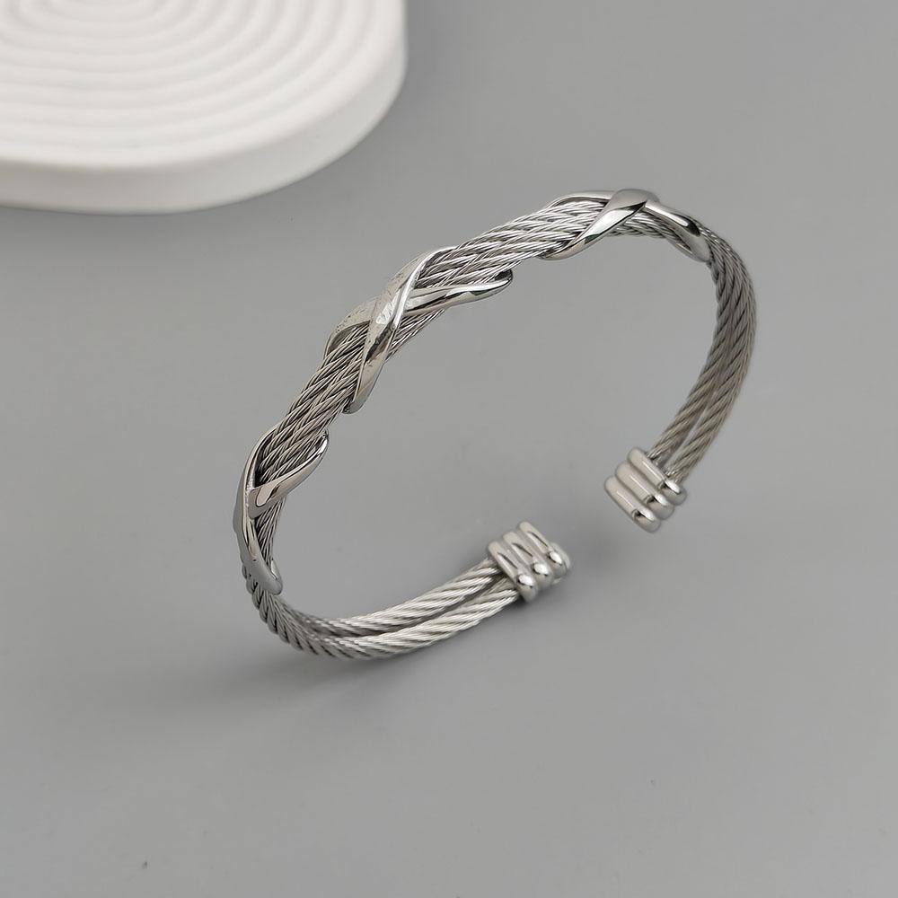Stainless Steel Letter X Inlaid Zirconium Twist Rope Steel Wire Rope Opening Bracelet Women's Cable Bracelet Party Daily Jewelry