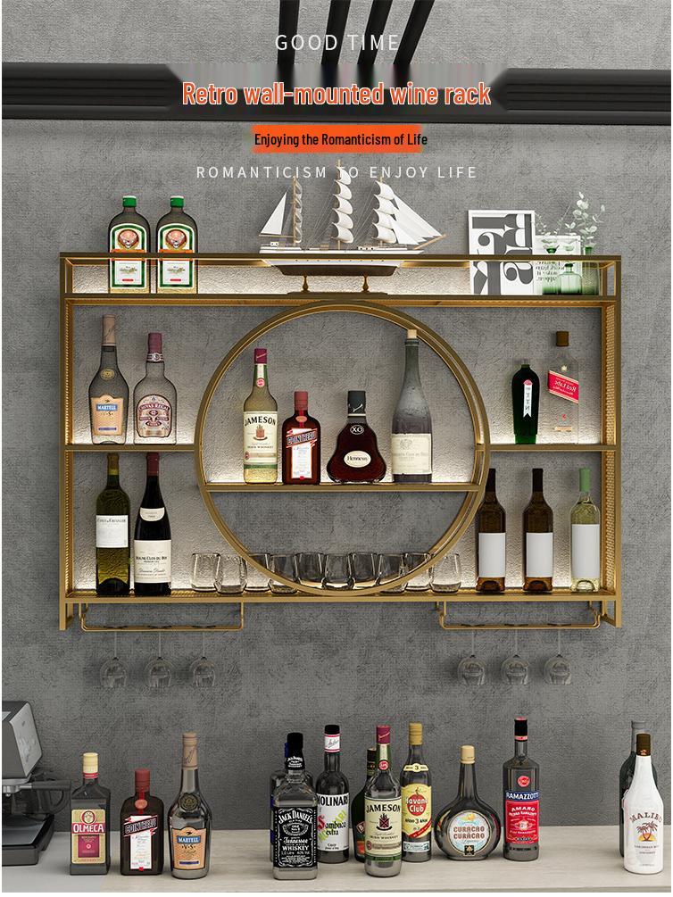 Wall-Mounted Wrought Iron Wine & Liquor Rack with Luminous Design